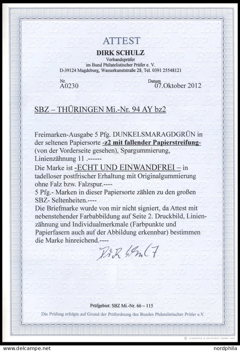 THÜRINGEN 94AYbz2 **, 1945, 5 Pf. Dkl`smaragdgrün, Spargummierung, Dickes Papier, Fallende Papierstreifung, Pracht, RRR! - Autres & Non Classés