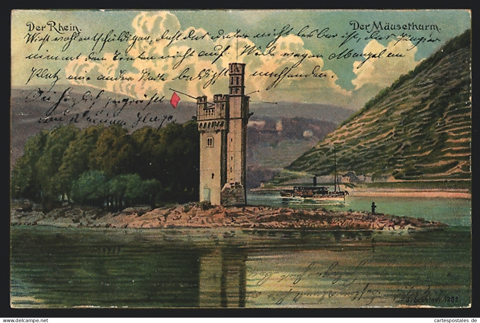 Lithographie Bingen, Der Mäuseturm  - Bingen