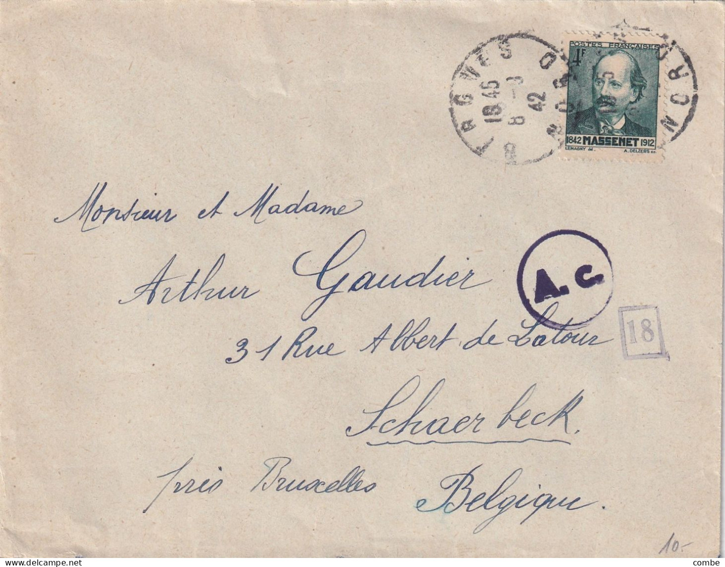 LETTRE. 8 AOUT 1842. BERGUES. NORD. MAUPASSANT. N° 545. SEUL. FRONTALIER. POUR SCHAERBECK BELGIQUE. CONTROLE Ac - 1921-1960: Moderne