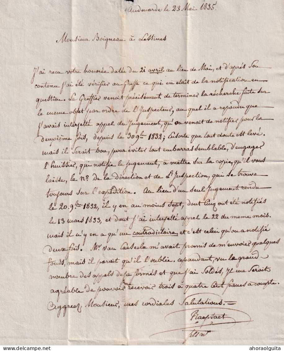 DDGG 069 - Lettre Précurseur AUDENARDE 5/1835 Vers LESSINES Via GRAMMONT- LESSINES Est Bureau De Distribution Au 9/4/35 - 1830-1849 (Belgique Indépendante)