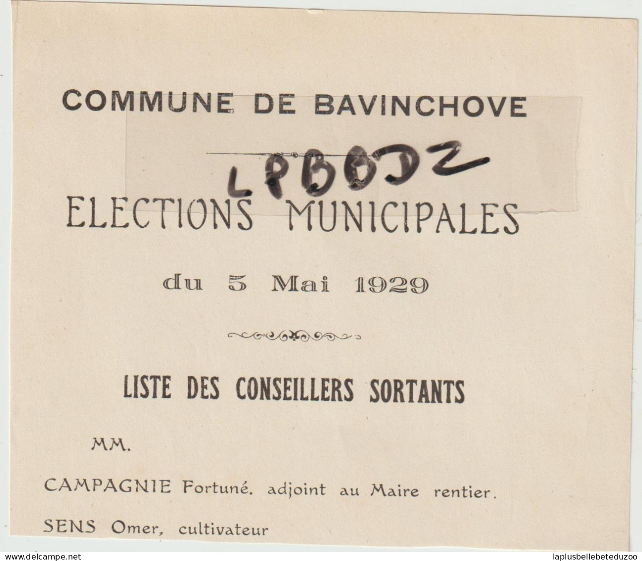 59 - BAVINCHOVE - Prospectus Pour Les Elections Municipales 1929 - Conseillers Sortants CAMPAGNIE Fortuné Et SENS Omer - Ohne Zuordnung