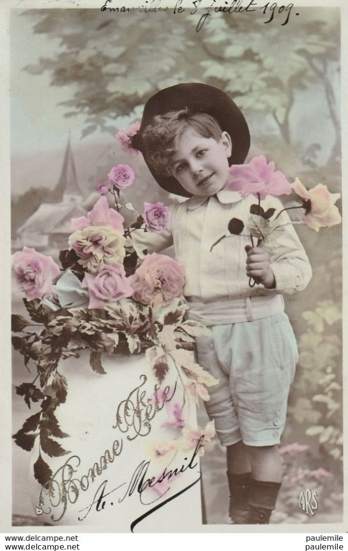 CPA    LU 167   ENFANT ARS   1909    AVEC FLEURS   BONNE FETE SIGNEE - Portraits
