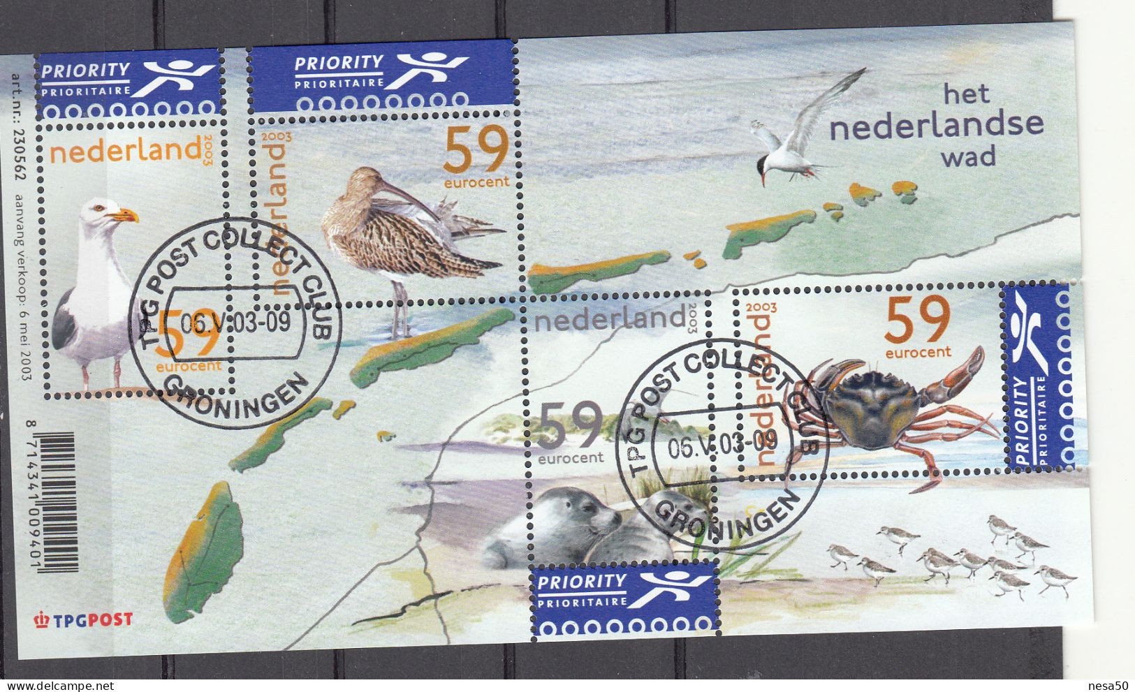Nederland 2003 Nvph Nr 2171, Mi Nr Blok 78, Nederlandse Wad,meeuw, Wulp, Zeehond, Krab - Used Stamps