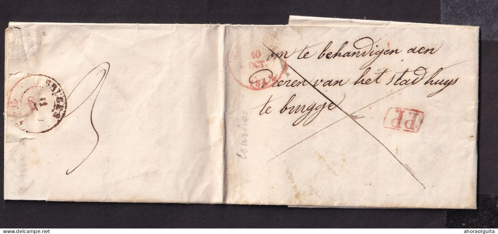 DDGG 071 - Lettre Précurseur En PP COURTRAI 1842 Vers BRUGES - Port 3 Décimes Au Verso - 1830-1849 (Unabhängiges Belgien)