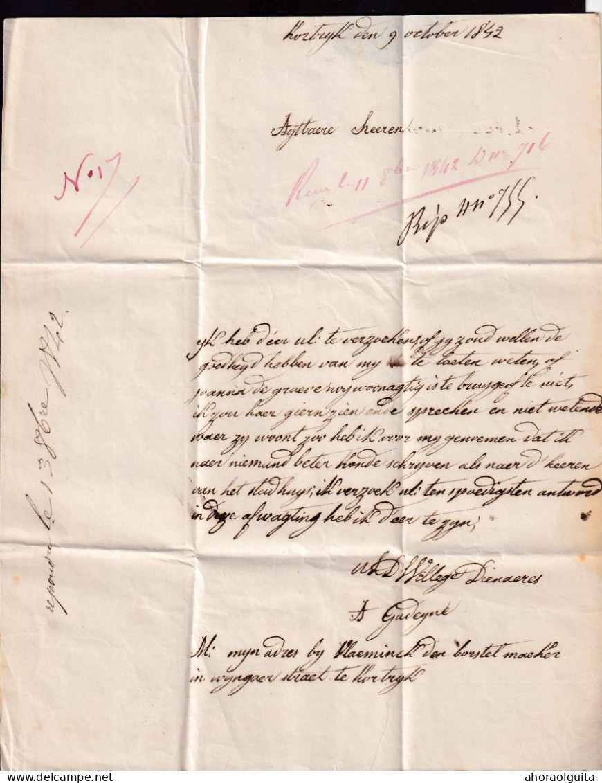 DDGG 071 - Lettre Précurseur En PP COURTRAI 1842 Vers BRUGES - Port 3 Décimes Au Verso - 1830-1849 (Belgique Indépendante)