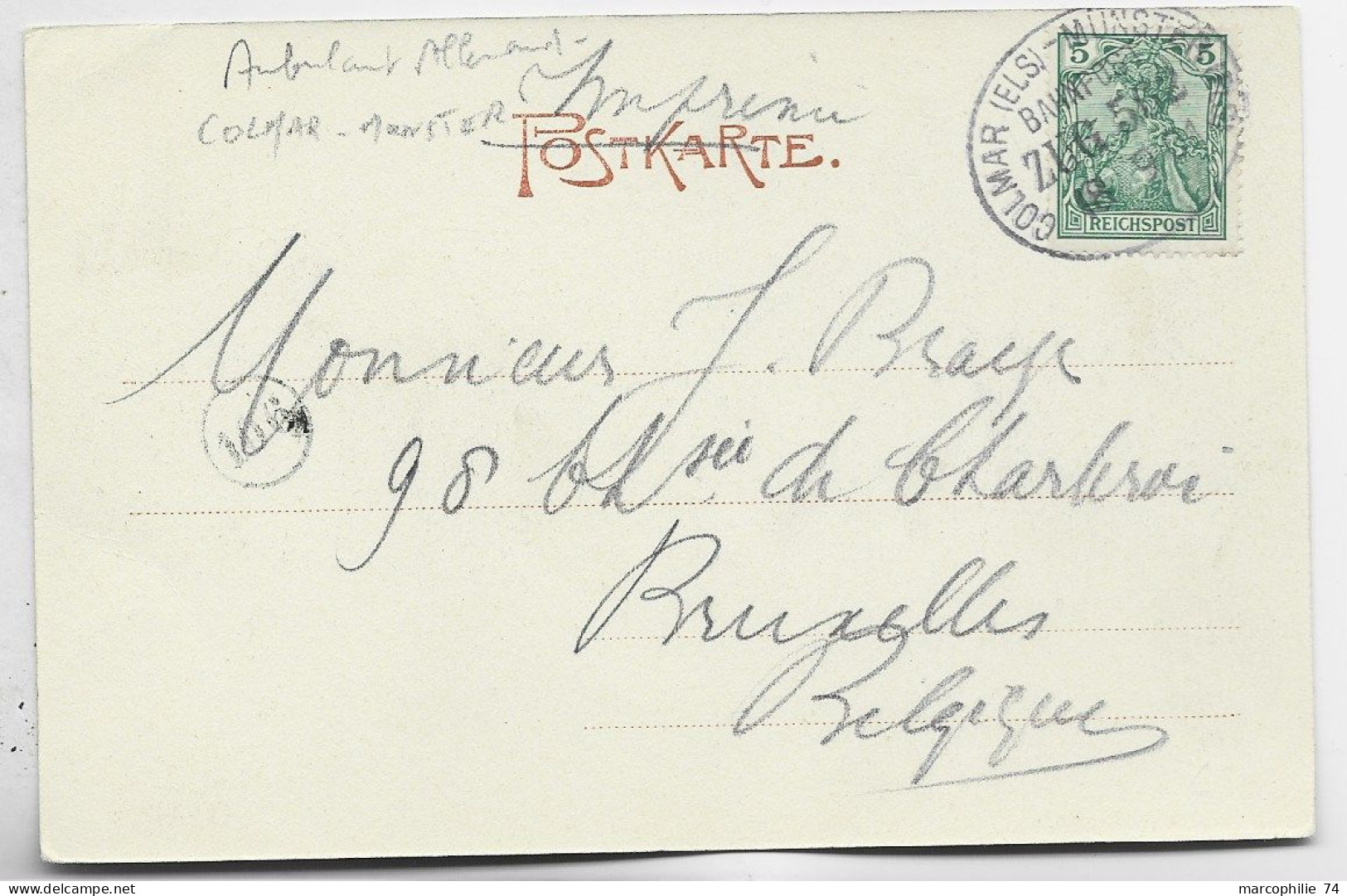 GERMANY GERMANIA 5C CARTE MUNSTER ALSACE AMBULANT COLMAR (ELS) MUNSTER BAHNPOST 18.9.1901 - Bahnpost