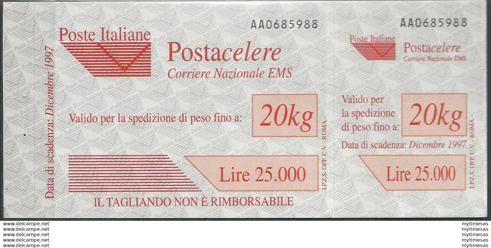 1997 Italia Postacelere L. 20.000 Varietà MNH Sass. N. 3a - Otros & Sin Clasificación