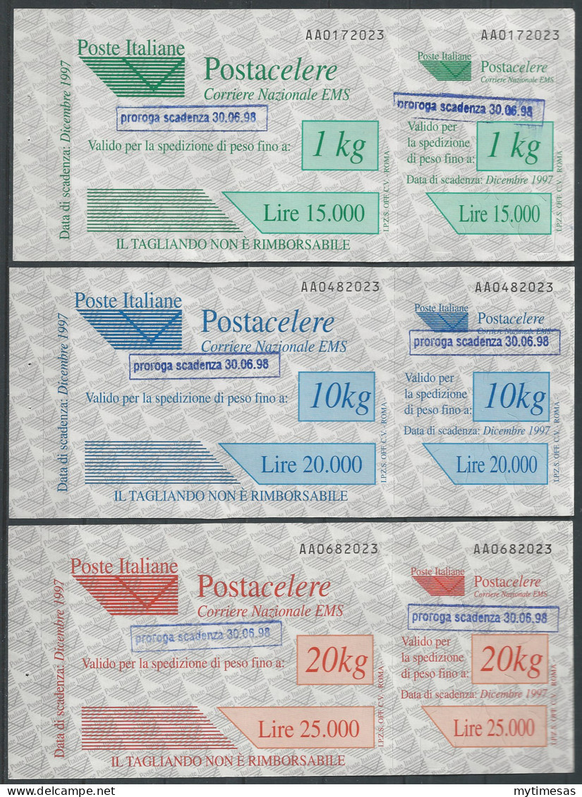 1997 Italia Postacelere Sopr. 3v. MNH Sass. N. 4/6 - Autres & Non Classés