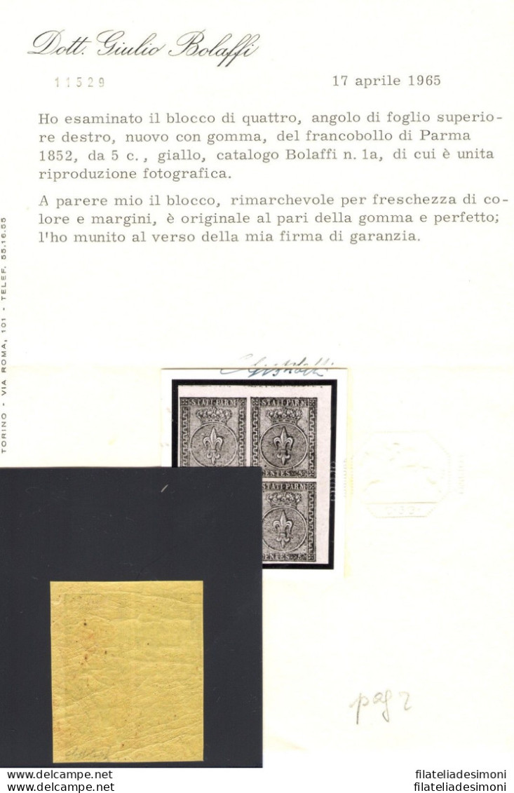 1852 PARMA 5 Cent Giallo N° 1a Quartina  MNH** - Parma