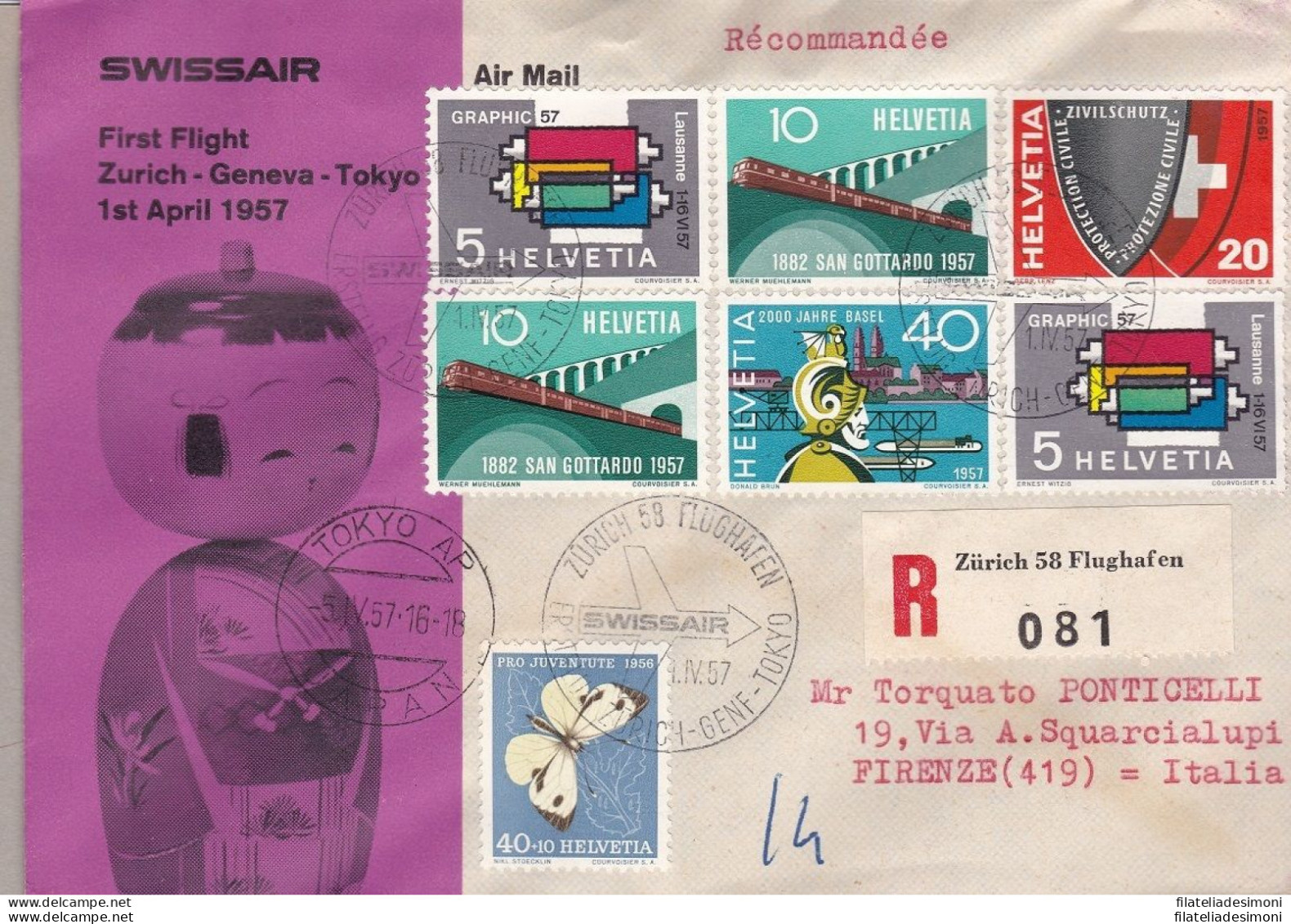 1957 SVIZZERA - SWISSAIR FIRST FLIGHT ZURICH-GENEVA-TOKYO - Europa