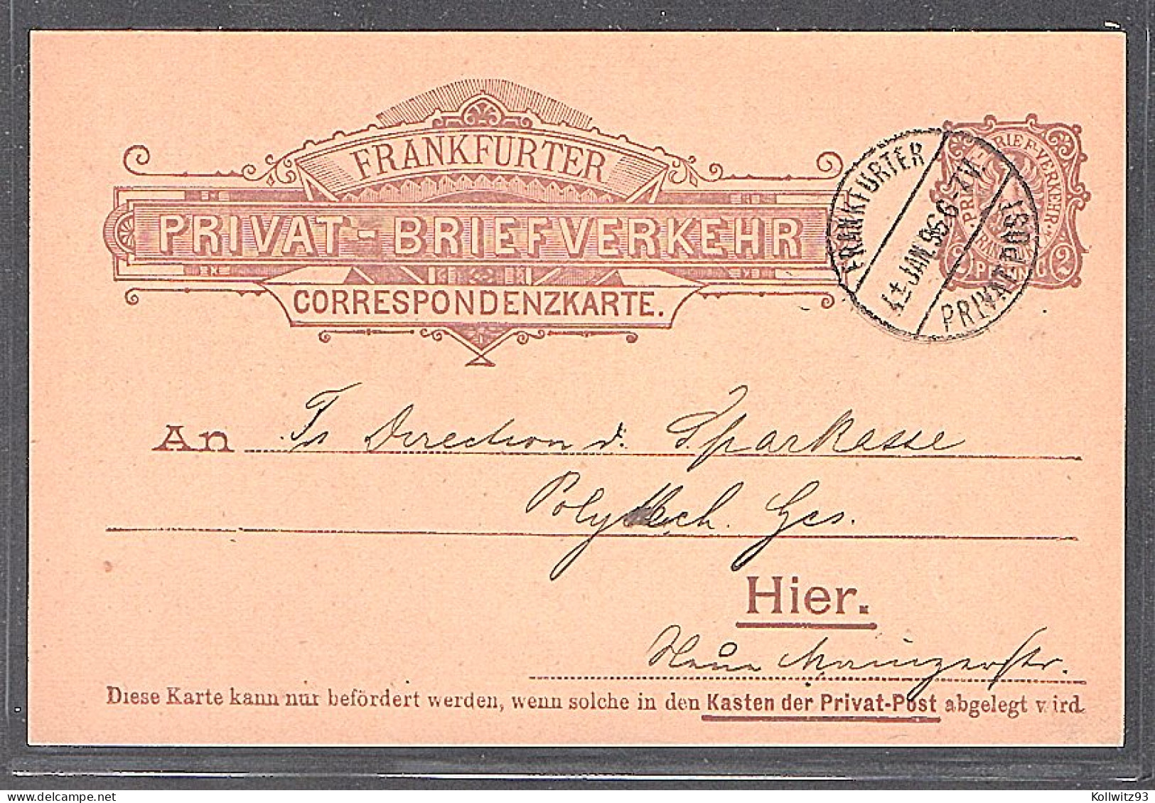 Privatpost, Frankfurter-Briefverkehr  2 Pf., Ganzsache 1896, Gestempelt - Posta Privata & Locale