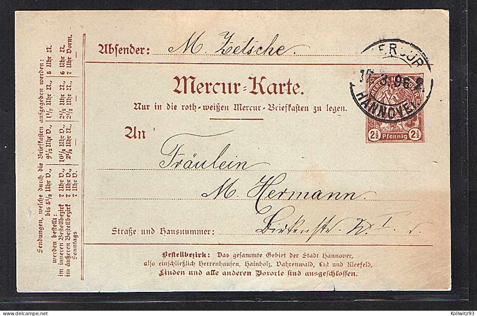 Privatpost, Mercur Hannover  2,5 Pf., Ganzsache 1896, Gestempelt - Correos Privados & Locales
