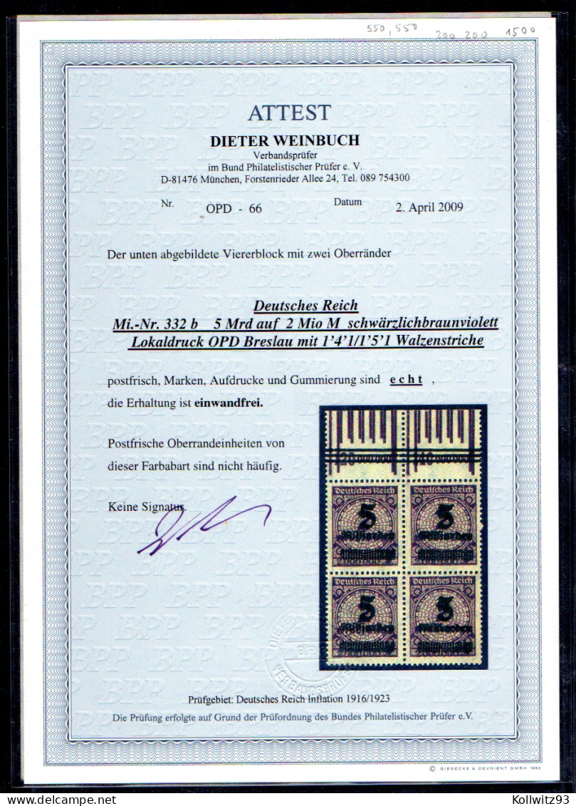 DR, Mi.-Nr. 332 B Mit WOR OPD Breslau. 1'4'1/1'5'1, Postfrisch, FA. TworekBPP, - Otros & Sin Clasificación