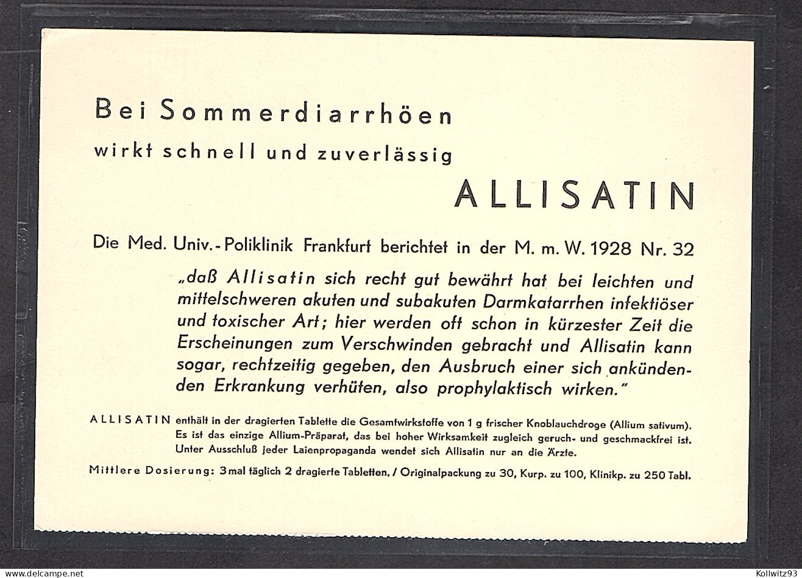 DR. Reklame-Karte, Allisatin, Tablette Gegen Sommerdiarrhöen - Autres & Non Classés