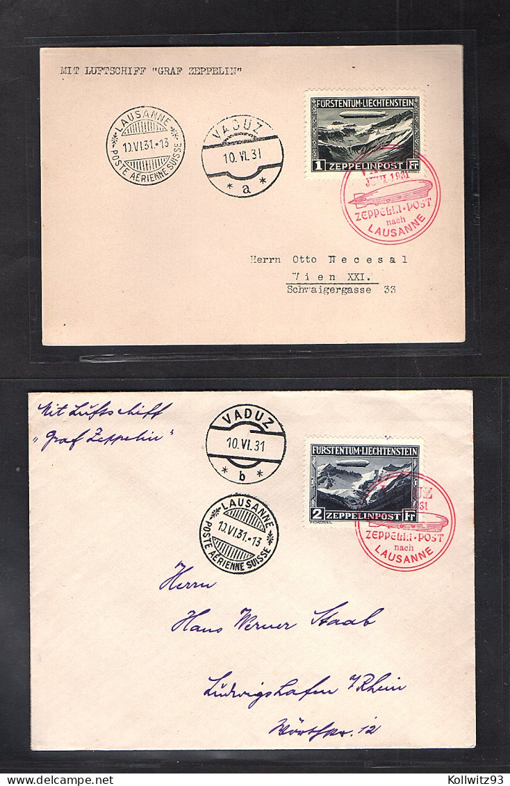  Zeppelin-Brief, Liechtenstein 1931 Fahrt Vaduz-Lausanne 1 + 2 Sfr Si. 110 A + B - Zeppeline