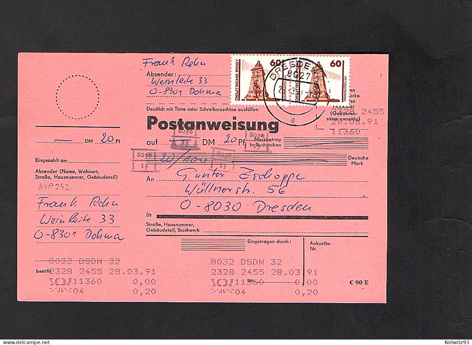 DDR., Postanweisung Mit Me.F. Mi.-Nr. 3347 - Brieven En Documenten