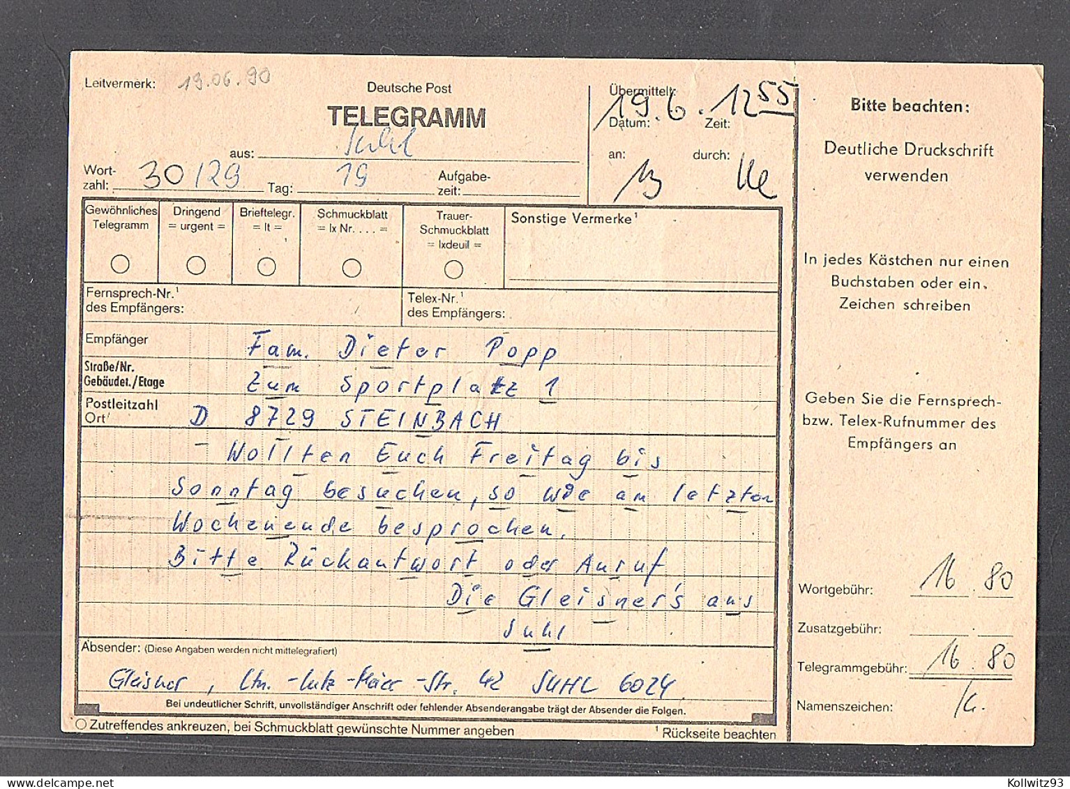 DDR., Telegramm Mit Mi.F. Mi.-Nr. ........, 16,80 DM. - Storia Postale