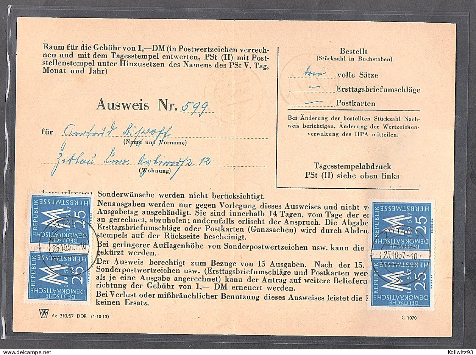 DDR., Post-Ausweis Frankiert Mit 4 X Mi.-Nr. 597 - Brieven En Documenten