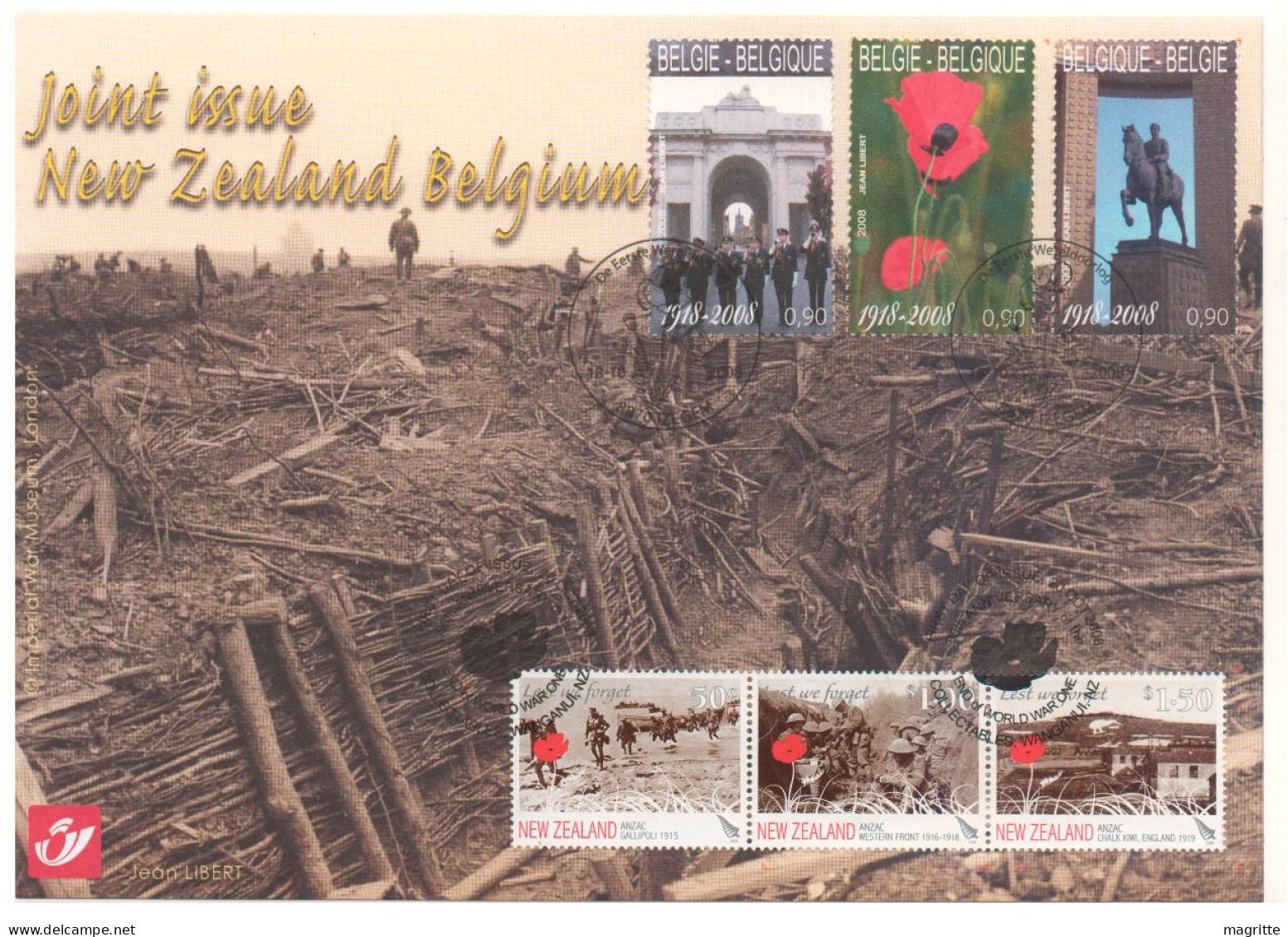 Belgique Nelle Zélande 2008 Carte 1ère Guerre Mondiale Belgium New Zealand End World War WW I Lest We Forget Red Poppy - Joint Issues