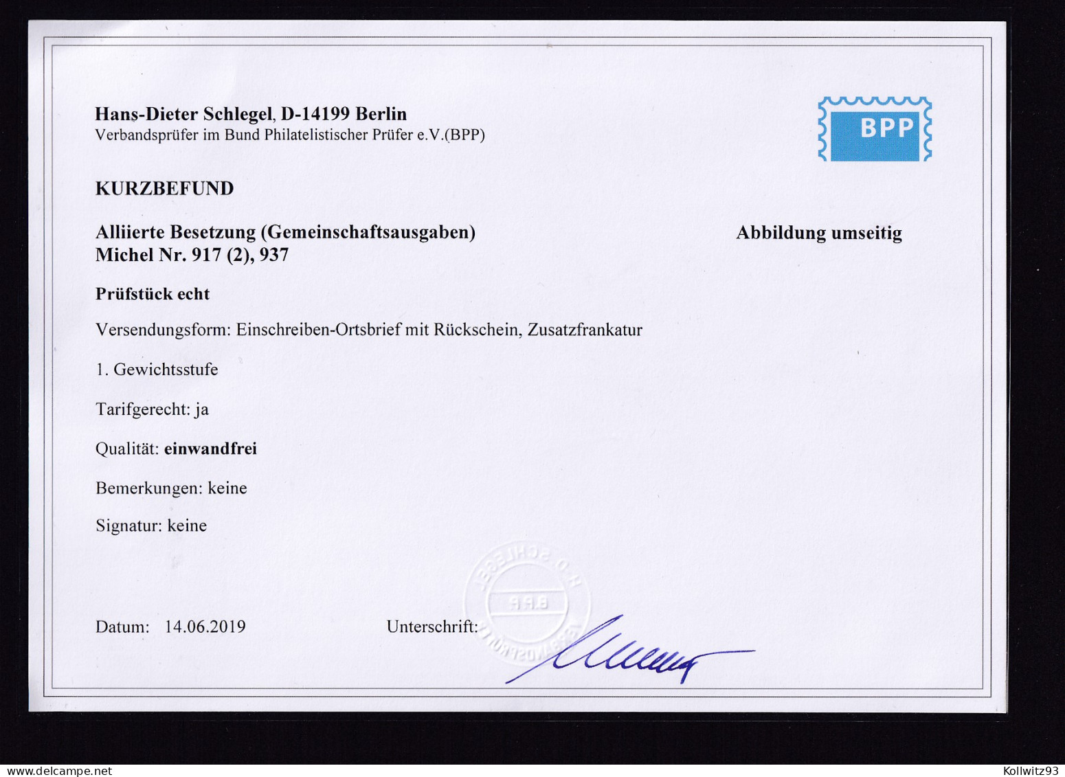 All.Besetzung, R-Orstbrief Mit Rückschein Mi-Nr. 917(2), 937 Befund SchlegelBPP - Otros & Sin Clasificación