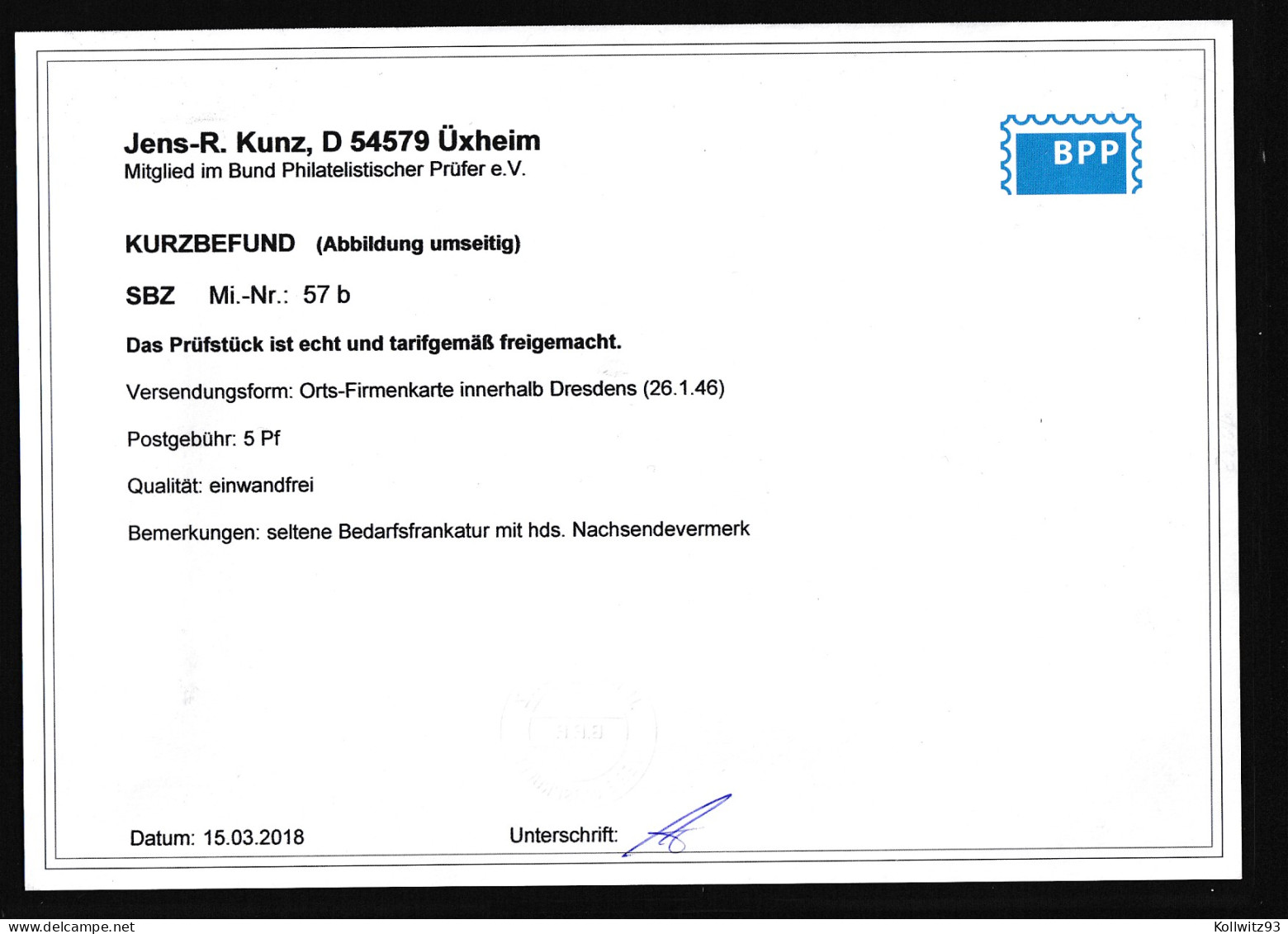 SBZ-Ost-Sachsen Orts-Karte Mit EF. Mi-Nr. 57b, Befund KunzBPP. - Autres & Non Classés
