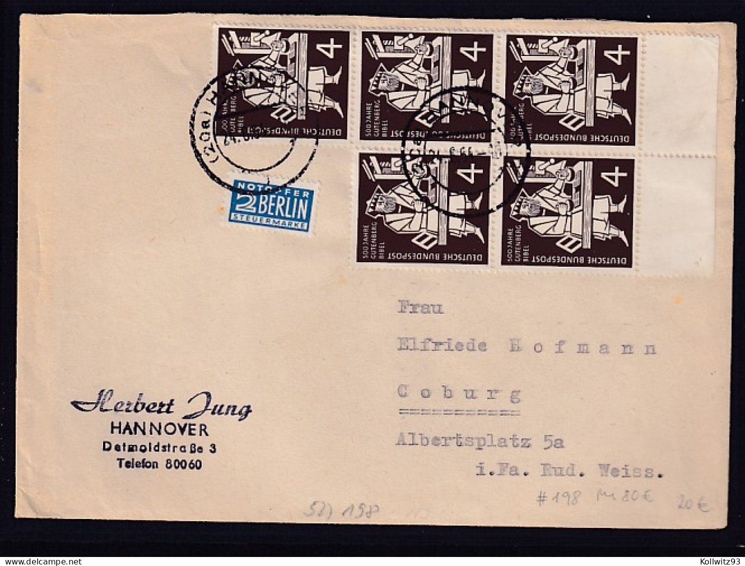 Bund, Fern-Brief Mit MeF. Mi.-Nr.198 (5X) - Covers & Documents