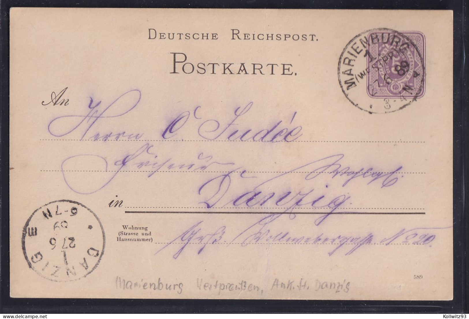 DR., Ganzsache P 10  Aus Marienburg (West-Preußen) Nach Danzig Gelaufen. - Autres & Non Classés
