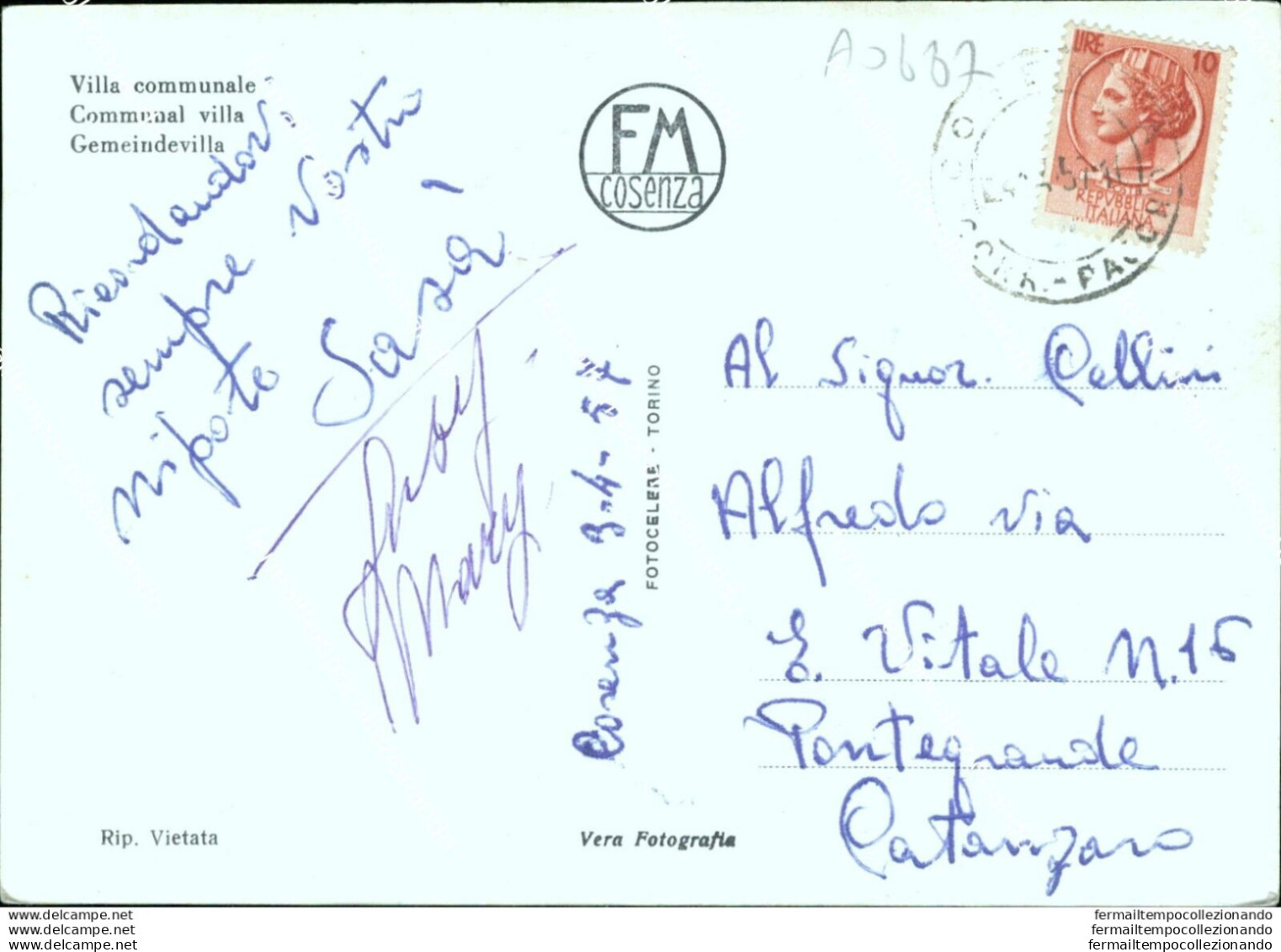 Ao687 Cartolina Cosenza Citta' Villa Comunale - Cosenza