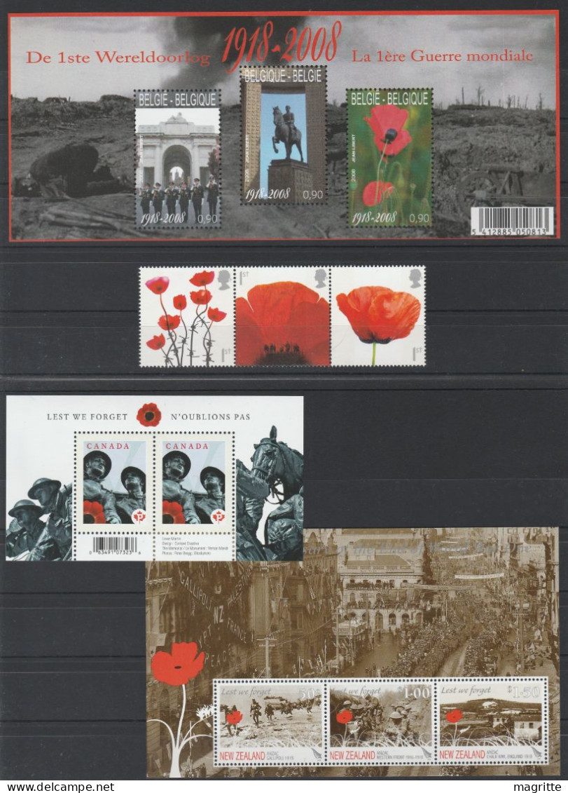 Belgique UK Canada Nelle Zélande 2008 1ère Guerre Mondiale Coquelicot End World War WW I Lest We Forget Red Poppy - Gemeinschaftsausgaben