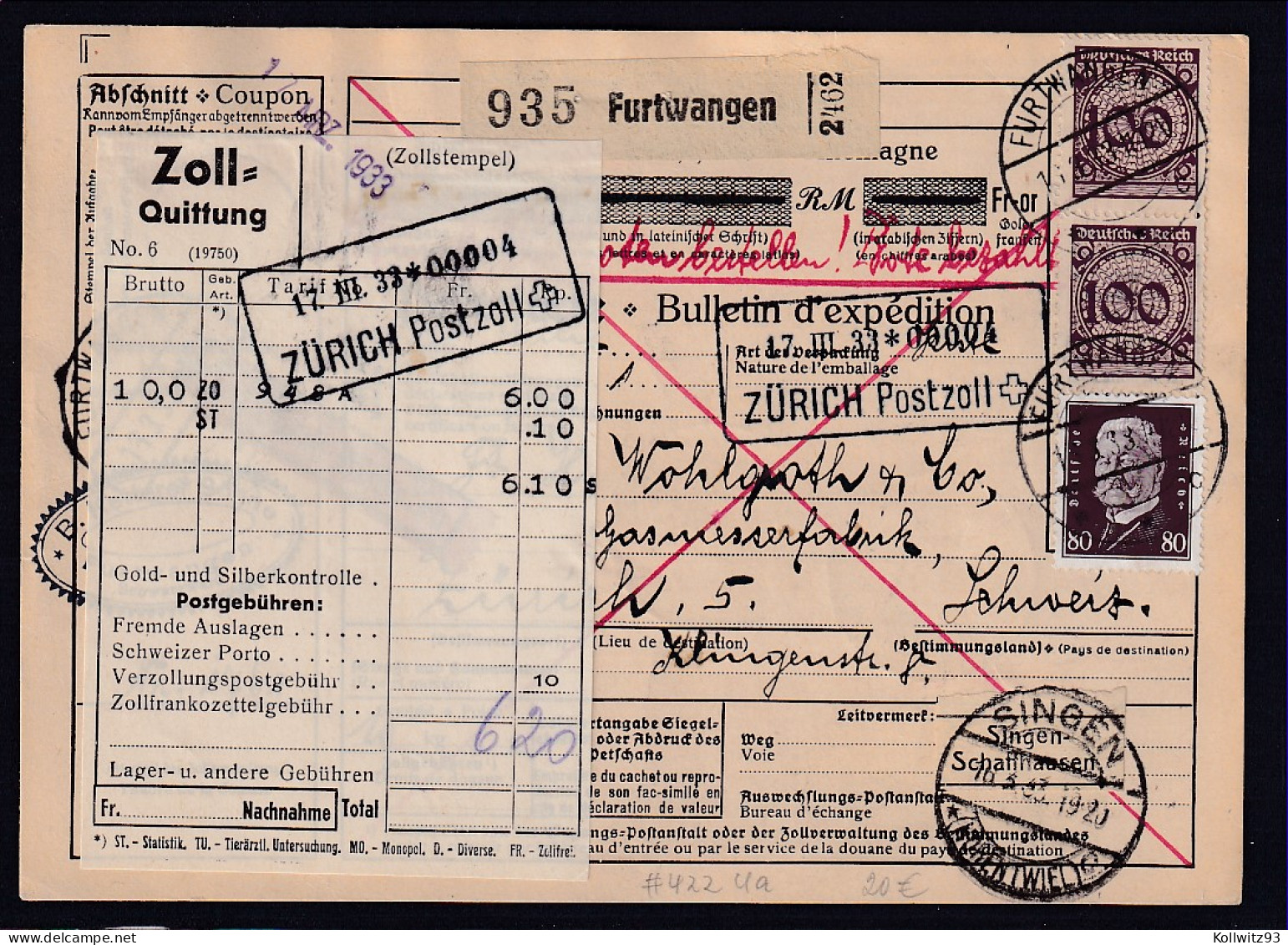 DR., Ausland-Paketkarte Mit  MiF Mi.-Nr. 422 U.a, Aus Furtwagen - Andere & Zonder Classificatie