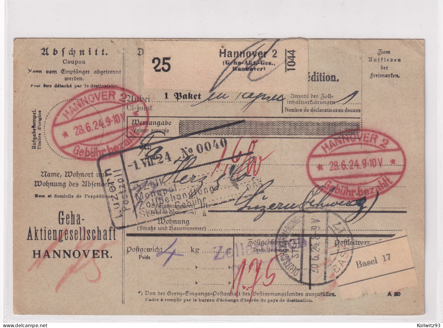 DR., Ausland-Paketkarte Mit  Gebühr Bezahlt Aus Hannover/Selbstbucher - Other & Unclassified