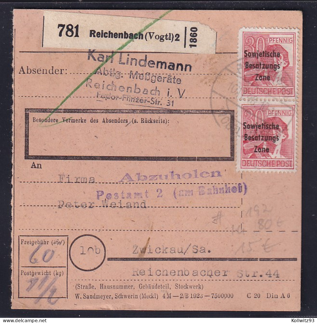 SBZ, Paketkarte Mit MeF. Mi.-Nr. 192 - Other & Unclassified