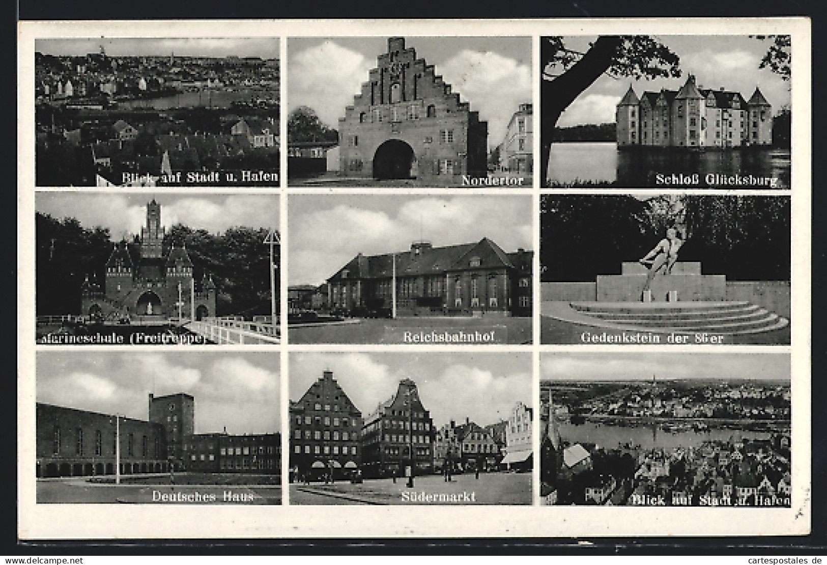 AK Flensburg, Nordertor, Schloss Glücksburg, Reichsbahnhof, Deutsches Haus  - Gluecksburg