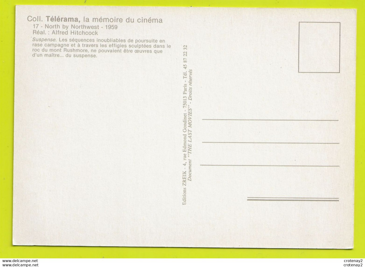 Cinéma Film Acteurs La Mort Aux Trousses ALFRED HITCHCOCK Eva Marie Saint Cary Grant James Mason Coll Télérama VOIR DOS - Afiches En Tarjetas