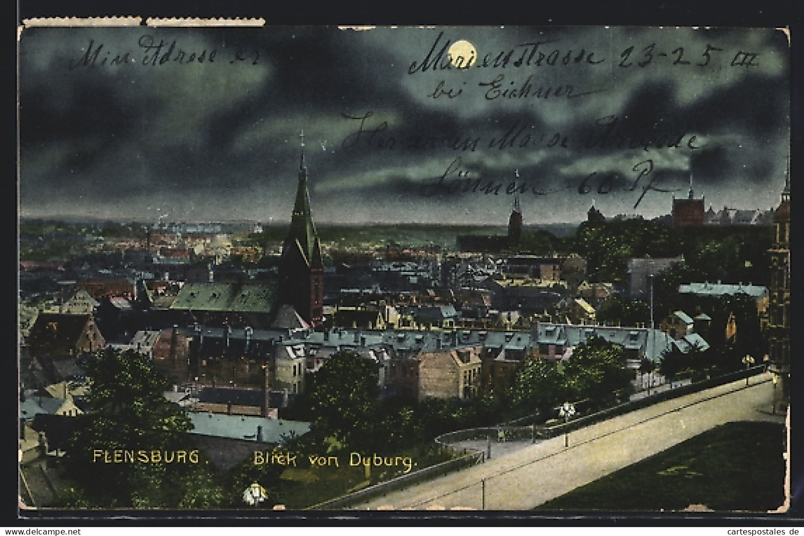 AK Flensburg, Blick Von Duburg Mit Kirche Und Strassenpartie Bei Mondschein  - Flensburg