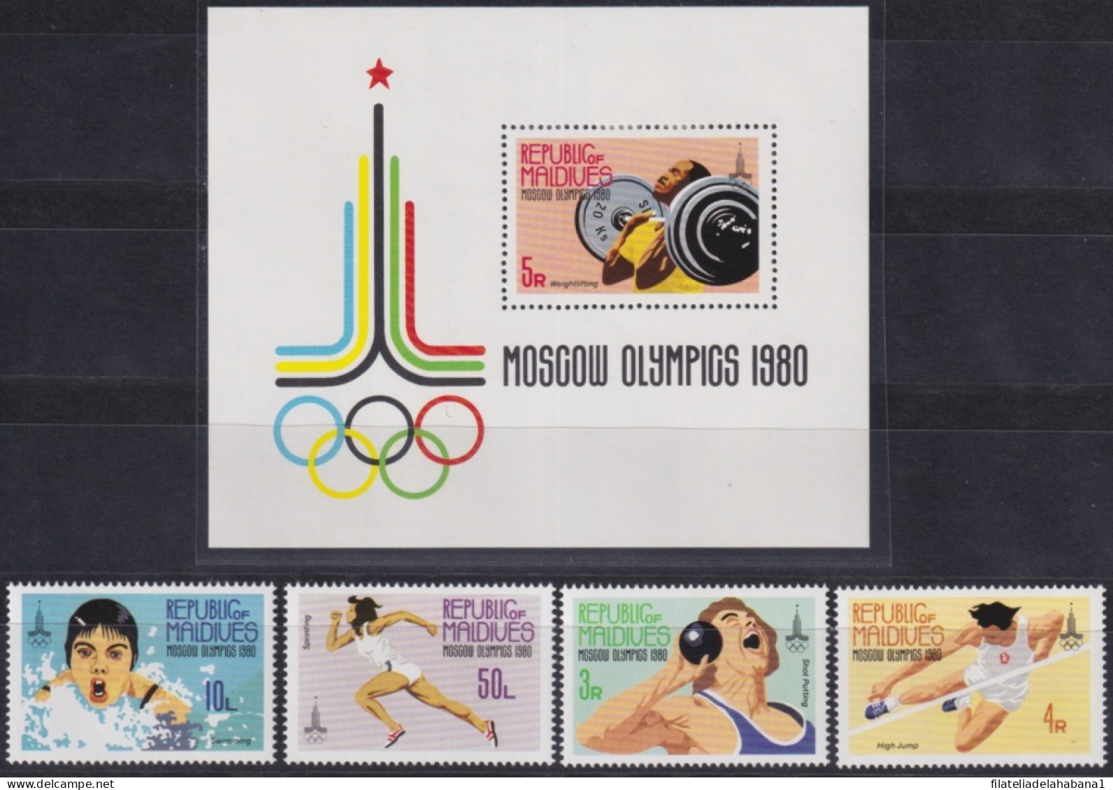 F-EX50083 MALDIVES MNH 1980 MOSCOW OLYMPIC GAMES ATHLETIC SWIMMING WEIGHTLIFTING.  - Verano 1980: Moscu