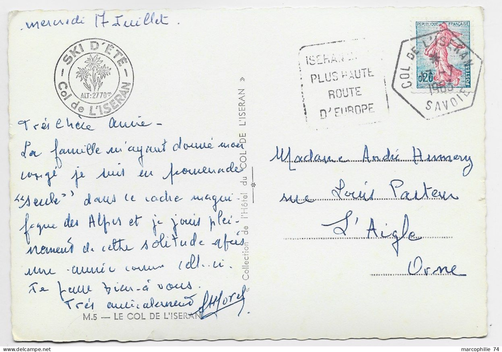 SEMEUSE 20C LIGNEE ROULETTE CARTE DAGUIN HEX COL DE L'ISERAN 17.7.1963 SAVOIE - 1903-60 Semeuse A Righe