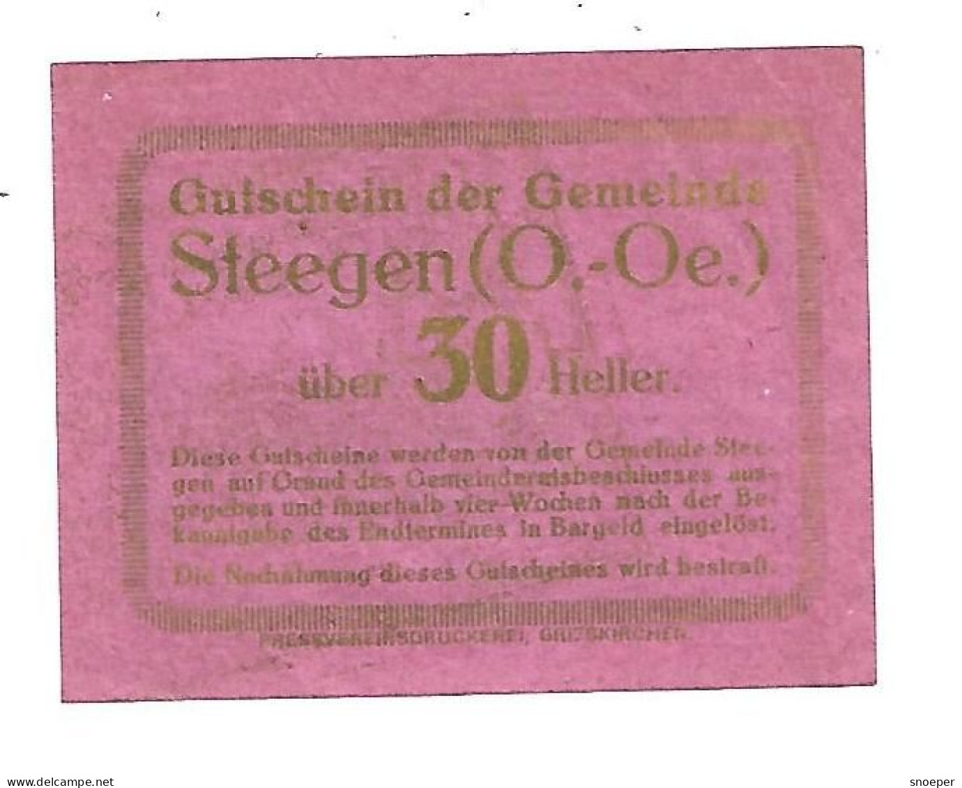 **notgeld   Austria  Steegen 30 Heller  S1012.4 CAT Val 20 Euro - Autriche