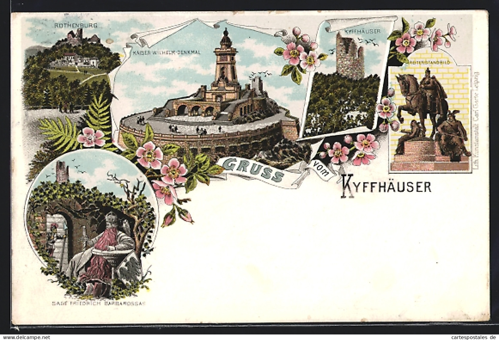 Lithographie Kyffhäuser, Rothenburg, Kaiser Wilhelm Denkmal, Reiterstandbild, Sage Friedrich Barbarossa  - Kyffhäuser