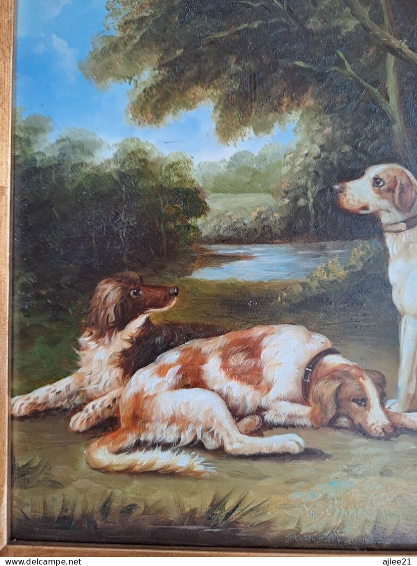 Tableau. Chiens Se Reposant Dans Un Sous-Bois. Huile Sur Panneau. 41 X 46.5 Cm. - Huiles