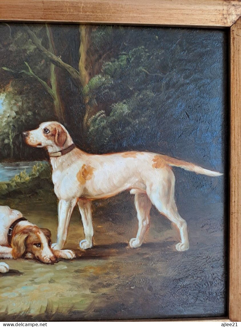 Tableau. Chiens Se Reposant Dans Un Sous-Bois. Huile Sur Panneau. 41 X 46.5 Cm. - Huiles