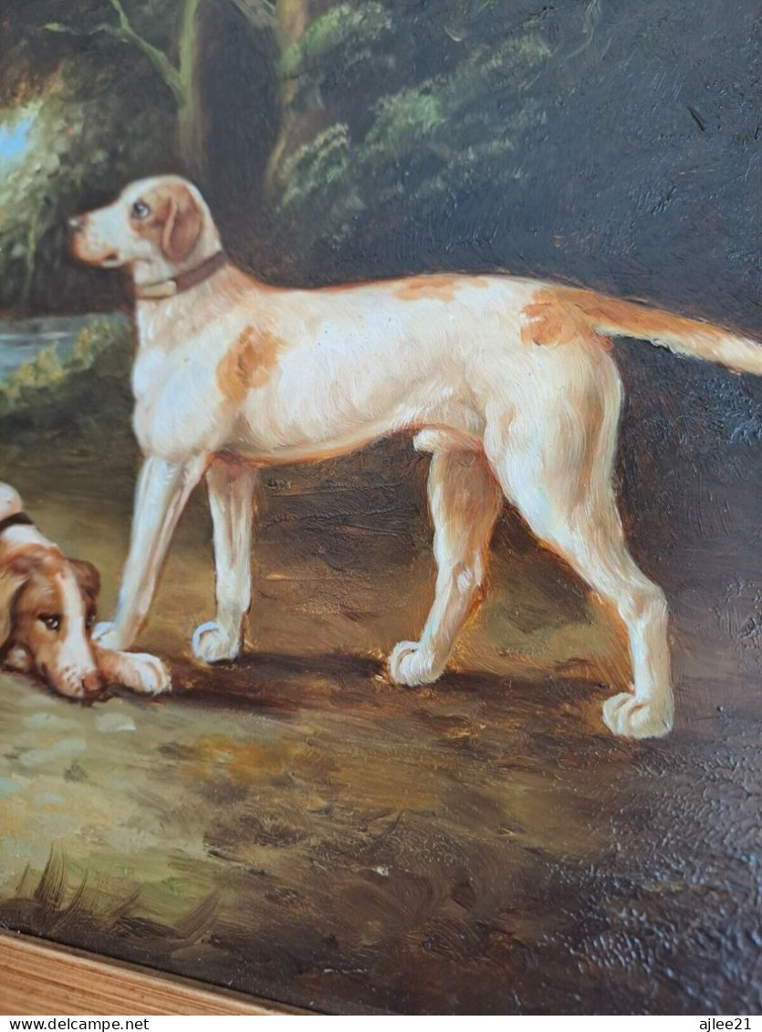 Tableau. Chiens Se Reposant Dans Un Sous-Bois. Huile Sur Panneau. 41 X 46.5 Cm.