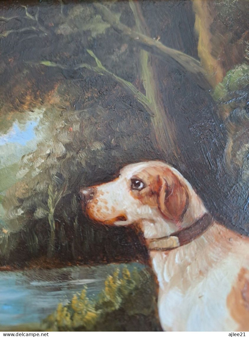 Tableau. Chiens Se Reposant Dans Un Sous-Bois. Huile Sur Panneau. 41 X 46.5 Cm.