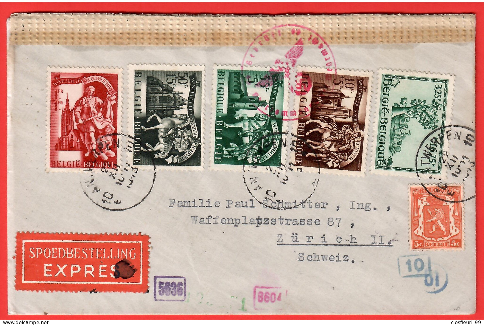 Lettre Censurée, Exprès,11.+.1944 Pour Zürich / Cf Diverses Marques Et Cachets - Oorlog 40-45 (Brieven En Documenten)