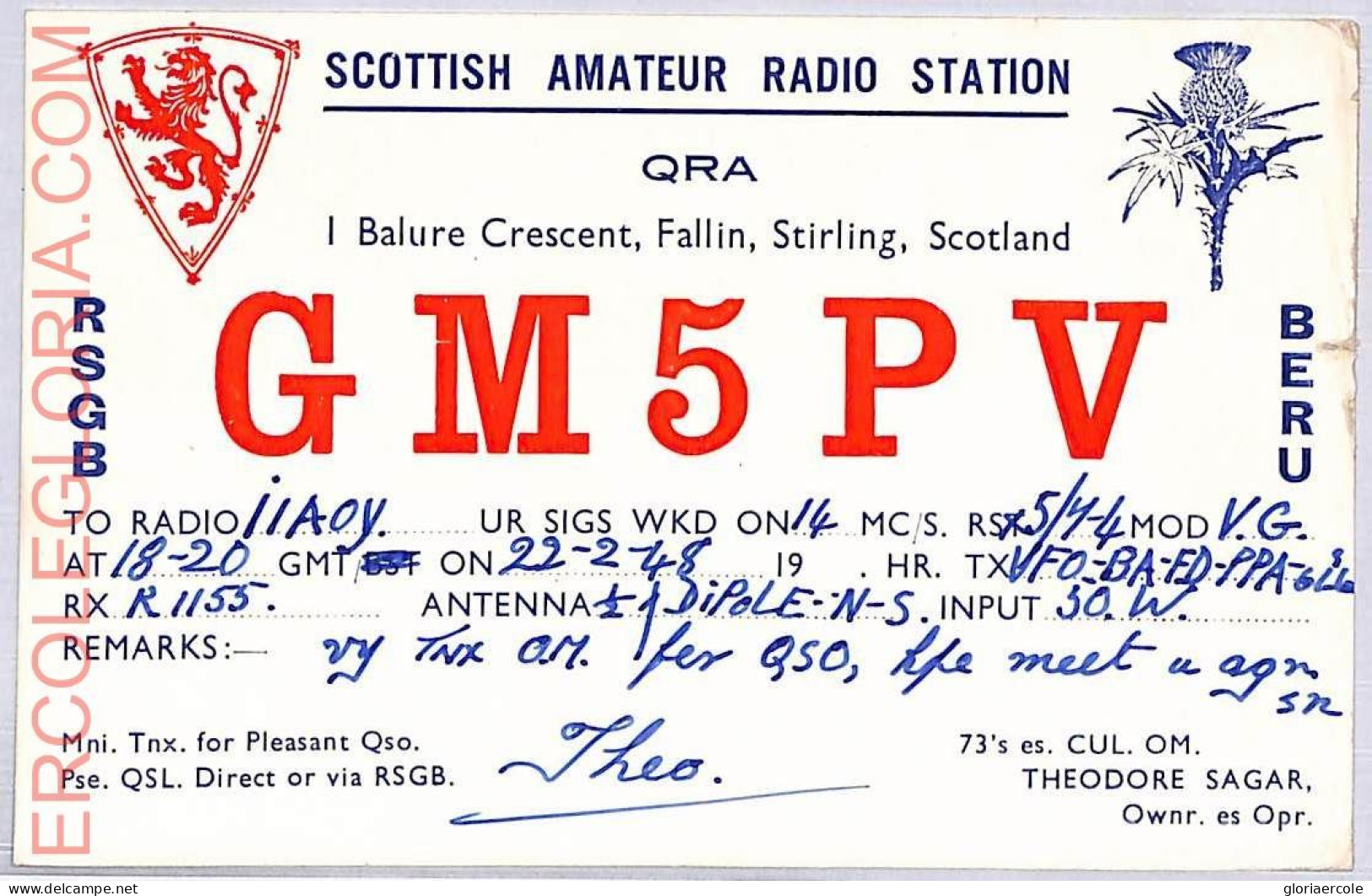 Ad9243 - SCOTLAND - RADIO FREQUENCY CARD  -  1948 - Radio