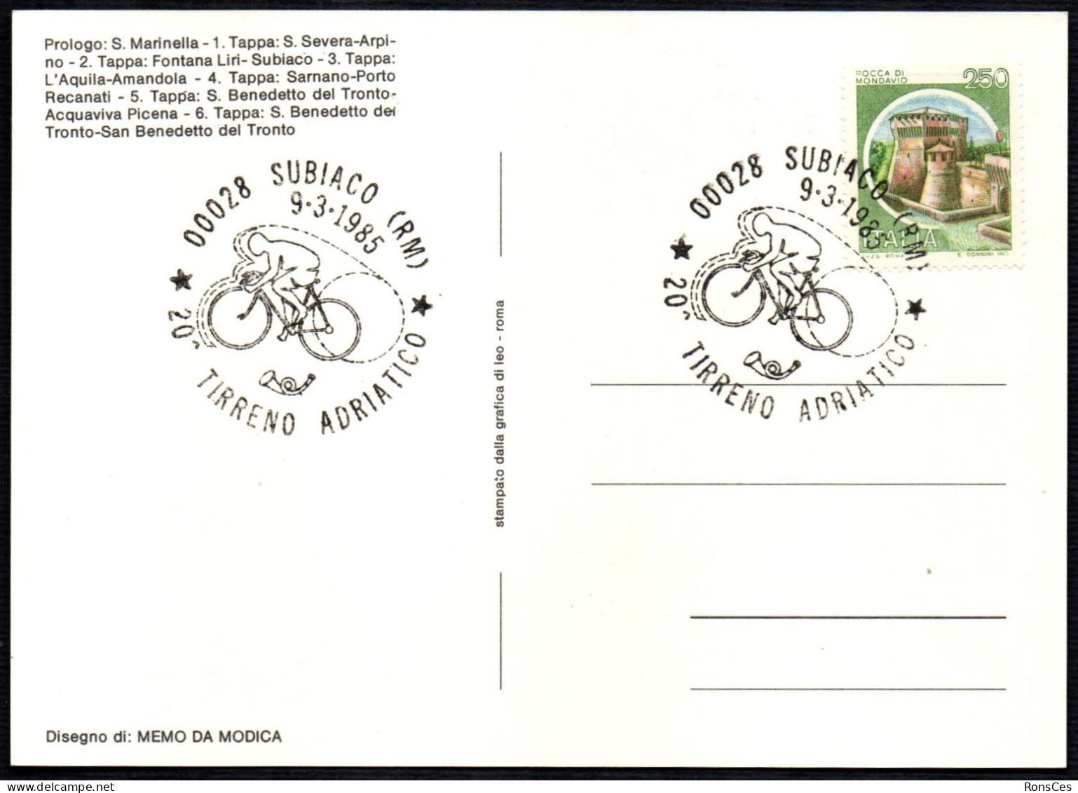 CYCLING - ITALIA SUBIACO (RM) 1985 - 20^ TIRRENO ADRIATICO - 2^ TAPPA - FONTANA LIRI / SUBIACO - CARTOLINA UFFICIALE - A - Cyclisme