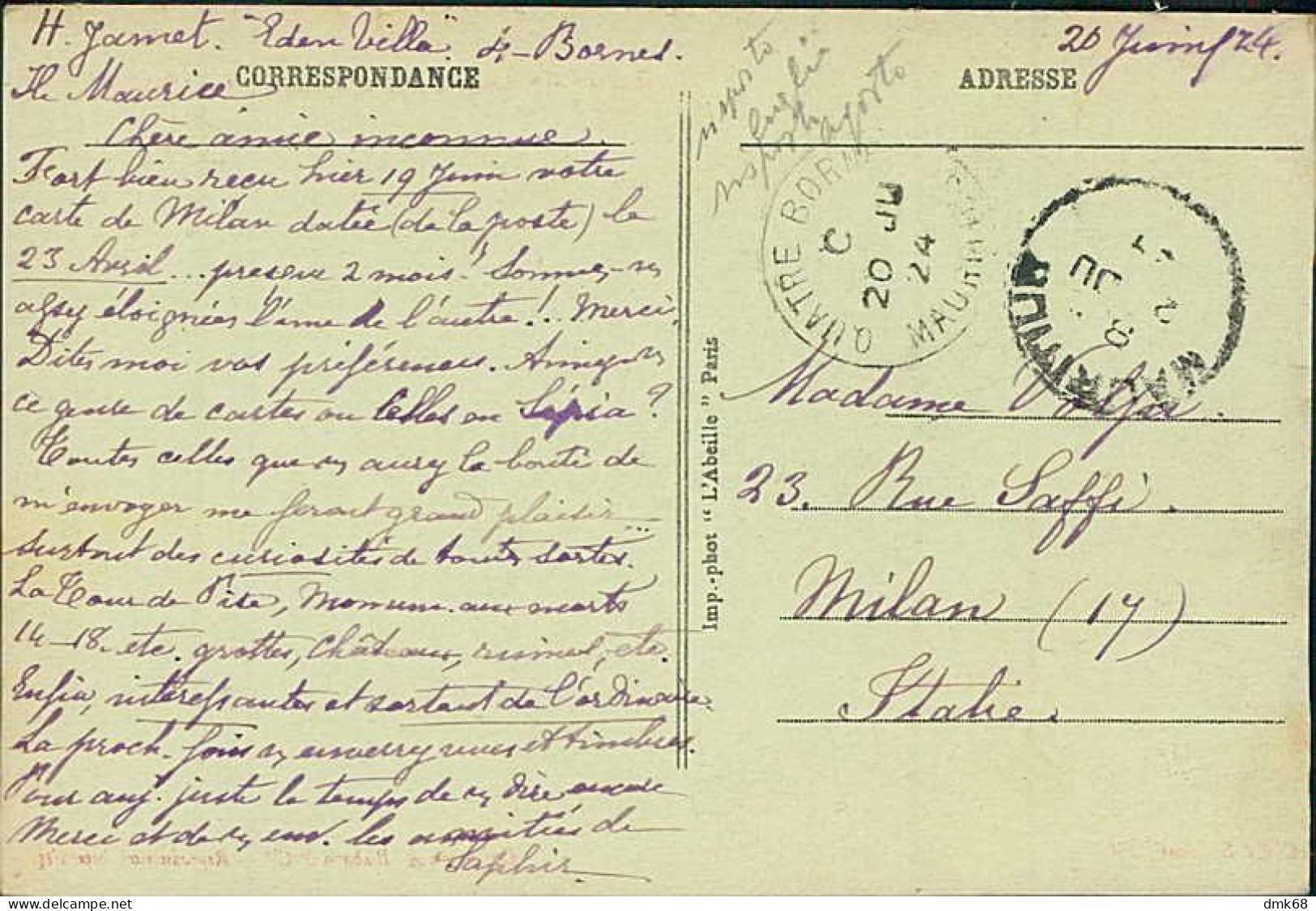 AFRICA - MAURITIUS / ILE MAURICE - PORT LOUIS - MOSQUE / LA MOSQUEE  - PHOT. L'ABEILLE - MAILED 1924 / STAMP (12574) - Maurice