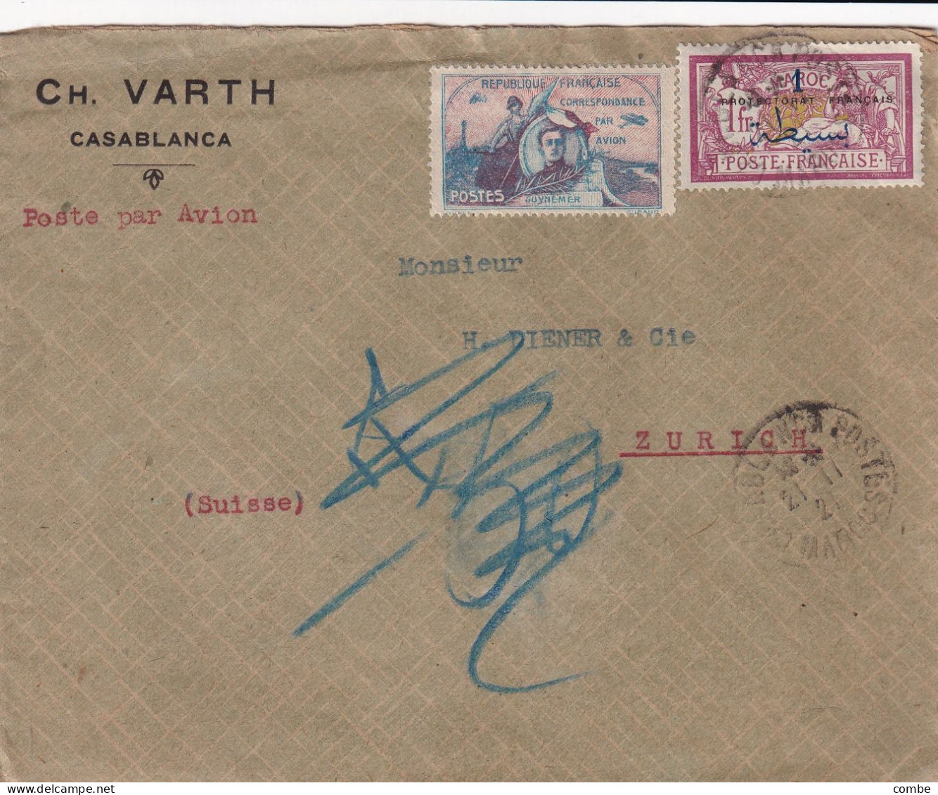 LETTRE. MAROC. 21 NOV 1921. PAR AVION. Ch. VARTH CASABLANCA POUR ZURICH. AVEC VIGNETTE GUYNEMER - Luchtpost