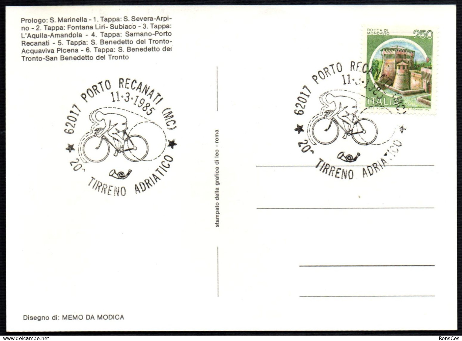 CYCLING - ITALIA PORTO RECANATI (MC) 1985 - 20^ TIRRENO ADRIATICO - 4^ TAPPA - SARNANO / PORTO RECANATI - C.U. - A - Ciclismo