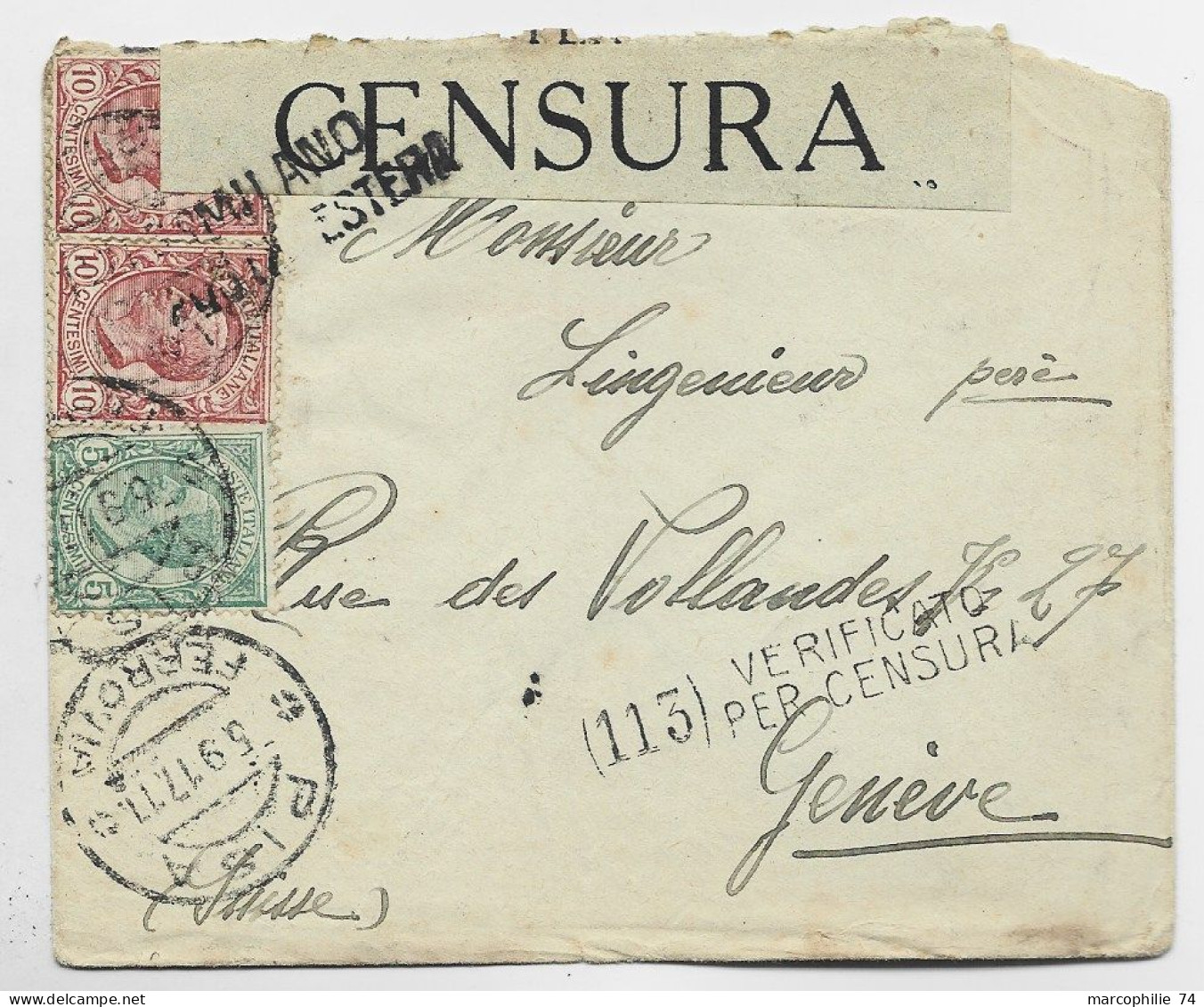 ITALIA 10CX2+5C LETTERE COVER PISA FERROVIA 5.9.1917 POUR GENEVE SUISSE CENSURA MILANO - Posta Militare (PM)